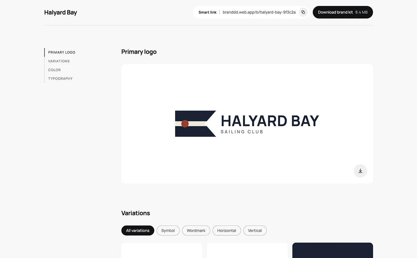 A Halyard Bay brand package: the smart link, the archive download, and the primary logo on its own card.
